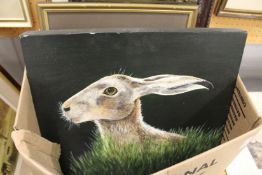 A collection of paintings and prints including an engraved map and an oil of a hare.