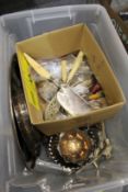 A box of miscellaneous plated items.