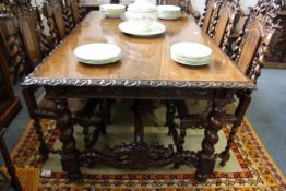 A good and impressive continental carved walnut rectangular dining table with barley twist legs