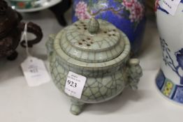 A Chinese Celadon crackle glazed three foot censer.