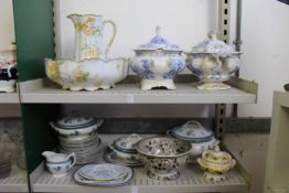 A floral decorated jug and bowl set, blue and white tureens and other similar china.