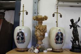 A pair of Chinese style table lamps and an alabaster lamp base (AF).