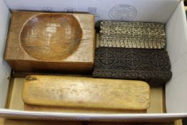 Four wooden items to include printing blocks.