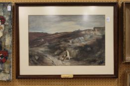 A Seated Figure on a Country Track watercolour.