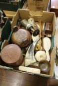Various horn items, a Kashmir box and other collectables.