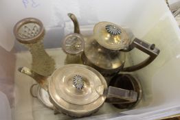 Plated items and two silver topped glass vases.