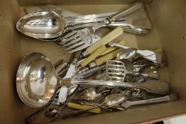 Three good large plated serving spoons, a similar ladle and other plated flatware.