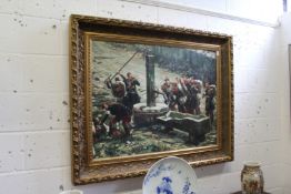 Soldiers Taking Rest at a Water Pump a large oil on canvas in a decorative gilt frame.