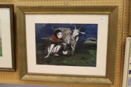 A surreal painting of a woman milking a goat.