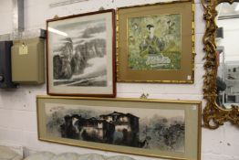 Chinese School, a landscape painting of buildings together with two other paintings or prints.