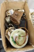 Various plated items, a pair of binoculars and a cloisonne bowl.