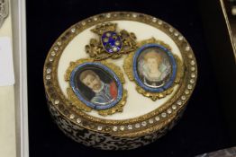 A decorative gilt metal and enamel box with portrait miniature cover (lacking inset stones).