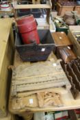 An old shop bucket, tea caddies and other wooden items.
