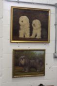 A painting depicting two sheep dogs and another of a terrier, oil on canvas.