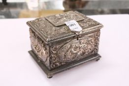 A French decorative silver plated jewel casket with hinged cover.