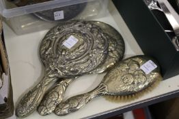 Two dressing table mirrors and similar hand brush.