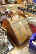 A Victorian brass bound oak coal box.