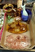 Two glass dressing table sets and other colourful glassware.