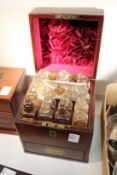 A good George III mahogany cased travelling medicine set with numerous medicine bottles, with a
