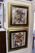 A pair of colourful abstract prints, framed and glazed.
