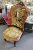 A good Victorian spoon back bedroom chair with needlework and beadwork upholstered back and seat.