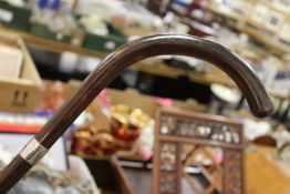 A walking stick with silver collar.