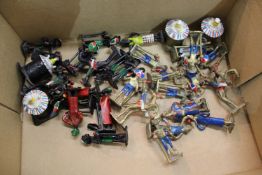 A chess set with embossed leather chess board.