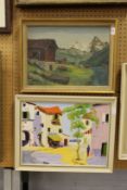 Alpine Landscape oil on board, together with a colourful continental scene with figures and