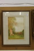 Fred Hines, a country scene with figures watercolour.