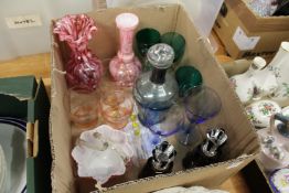 Colourful glassware, a pair of Art Deco style scent bottles etc.