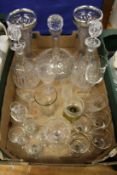 A pair of cut glass decanters and stoppers and other glassware.