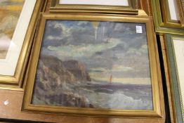 An impressionist oil painting of a seascape.