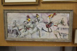 Elizabeth Armstrong, an abstract study of jockeys on horseback watercolour.