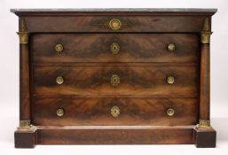 A GOOD 19TH CENTURY FRENCH MAHOGANY, ORMOLU AND MARBLE COMMODE, with a grey veined rectangular