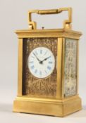 A GOOD 9TH CENTURY BRASS REPEATER CARRIAGE CLOCK by Bright & Son, Paris with blue and white dial and