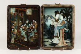 A GOOD PAIR OF CHINESE REVERSE PAINTINGS ON GLASS of two geishas and on interior with ladies playing