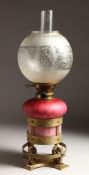 A VERY GOOD VICTORIAN AESTHETIC MOVEMENT BRASS OIL LAMP, with pink lustre glass oil reservoir