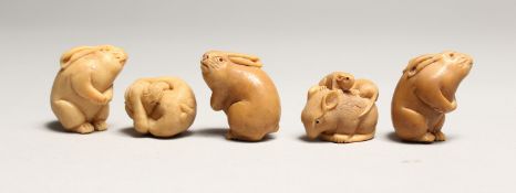 FIVE JAPANESE CARVED BONE NETSUKES
