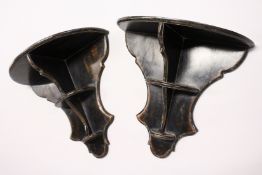 A PAIR OF 20TH CENTURY LACQUERED PAINTED WALL SHELVES / BRACKETS, of shaped outline. 1ft 11ins