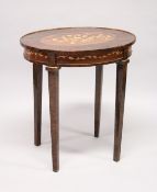 A FRENCH STYLE MARQUETRY INLAID OVAL TABLE on tapering square legs 2ft 3ins long x 1ft 10ins