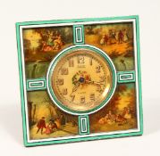 A SMALL FRENCH SILVER AND ENAMEL CLOCK by MAQUET, PARIS - NICE, with four panels of figures 4.5ins x