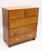 A GOOD 19TH CENTURY TWO PIECE MILITARY CHEST with two short and three long graduated drawers with