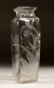 A GOOD HEAVY BACCARAT SQUARE TAPERING VASE, engraved with irises. 12ins high