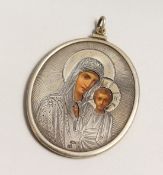 A RUSSIAN SILVER OVAL ICON, MADONNA AND CHILD, dated 1903.