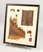 SEVEN CHIMU FABRIC BELTS in red and beige as an animal, framed and glazed. 19.5ins x 15ins.