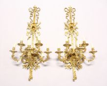 A LARGE AND IMPRESSIVE PAIR OF ORMOLU BRONZE WALL APPLIQUES, each with five scrolling branches,