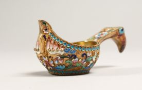 A SMALL RUSSIAN SILVER AND ENAMEL COVSH Mark Head 84 3.5ins long.
