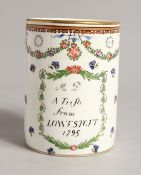 A SAMSON OF PARIS LOWESTOFT MUG, enscribed, 'A Trifle from Lowestoft, 1795'.