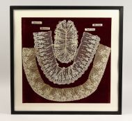 THREE PIECES OF FINE WHITE LACE COLLARS, framed and glazed 20ins x 20ins.