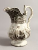 A POTTERY JUG, transfer pattern of peacocks